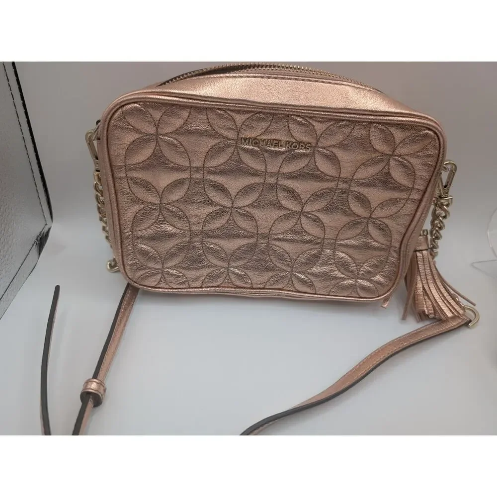 Michael Kors Rose Gold Quilted Metallic Leather Crossbody Bag Purse Small